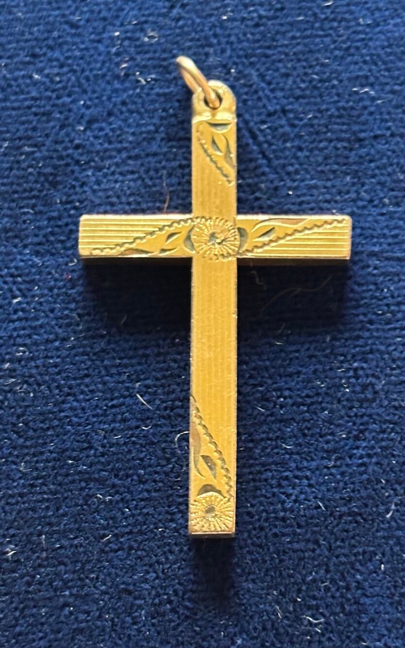 Vintage Gold Tone Engraved Etched Floral Cross Pendant 1.5" x 1"